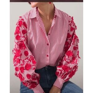 Chicos Poplin Striped Embroidered Flower Sleeve ButtonUp Shirt Top 1 m8
Boho red